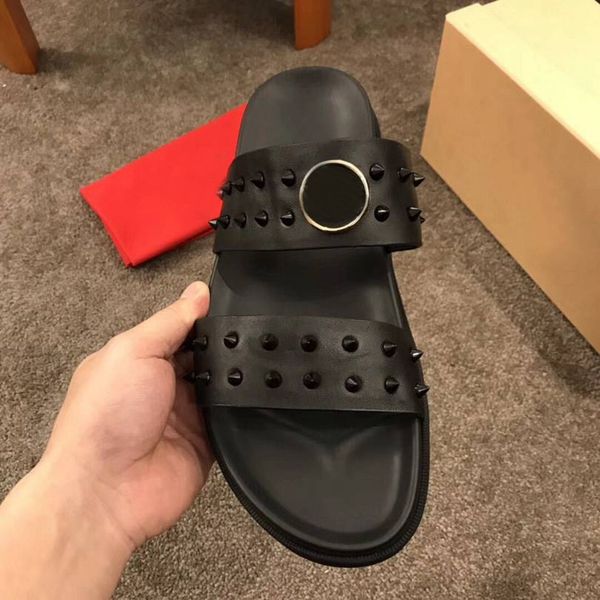 

red bottom mens designer flip flops spikes sandals black genuine leather slippers beach shoes luxury sandals size 38-44