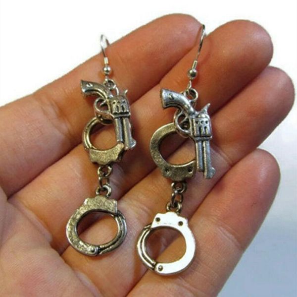 

alloy ancient silver handcuffs gun charm dangle earrings fashion creative women jewelry designer earrings friend holiday gifts