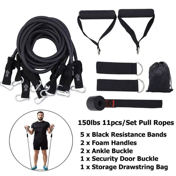 

resistance bands 150lbs sports 11pcs/set elastic yoga fitness pull rope body exercise home gym training equipment black