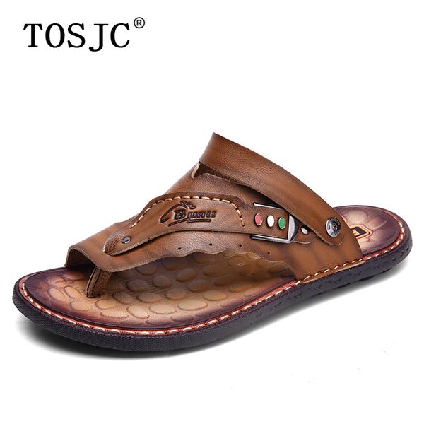 

tosjc summer men split leather flip flops outdoor breathable slippers for man casual beach sandals men non-slip flats flip flops, Black