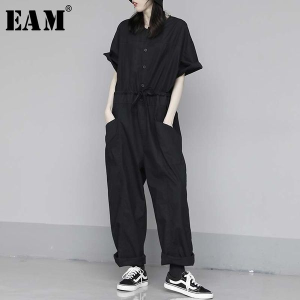 

eam] сыпучие fit женщин черный длинные большой размер комбинезон новые высокой талией карман стежка брюки мода tide весна осень 2020 1w284, Black;white