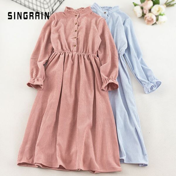 

casual dresses singrain women corduroy dress elegant midi long solid sleeve winter holiday romantic party autumn a-line, Black;gray