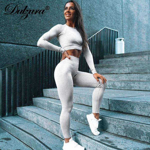 

dulzura 2019 winter women two piece set crop pants knitted active wear streetwear coord matching clothes stripe fitness, White