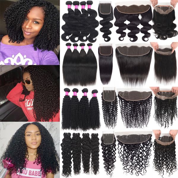 

brazilian human hair wefts with closure deep wave curly virgin hair bundles with 13x4 lace frontal human hair weaves with 360 lace frontal, Black