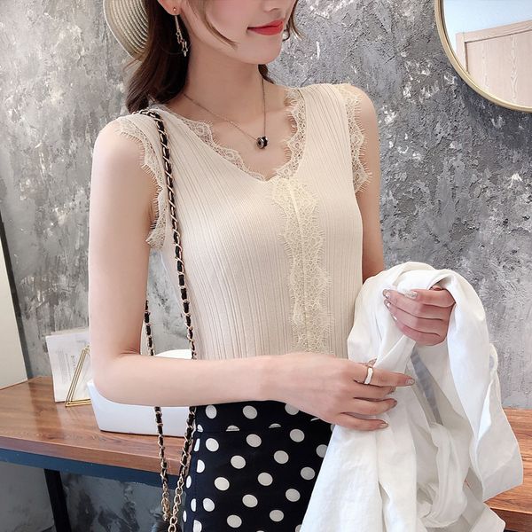 

belt vest female summer inside take lace machine carefully wear sleeveless coat black and white knitted backing, Black;white