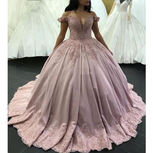 

dusty pink ball gown quinceanera dresses beaded appliques floor length prom gowns off the shoulder mexico celebrity evening dress, Blue;red