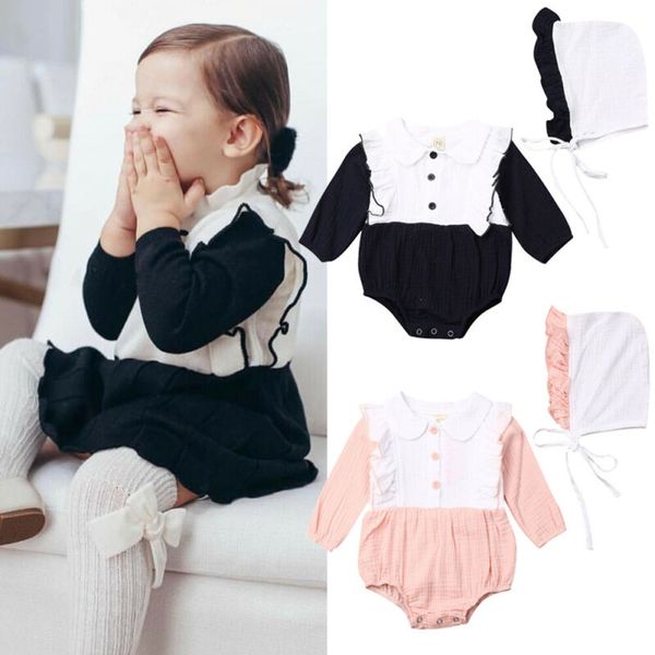 

romper 2019 princess kid sweet baby girl clothes long sleeve ruffle romper jumpsuit hat outfit set, Blue
