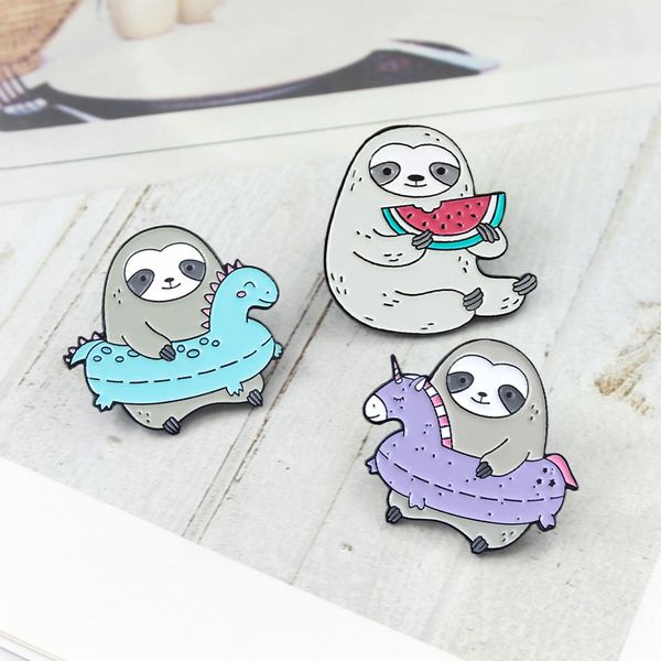 

sloth swim ring eat watermelon personality creative brooch cartoon special tide new lapels denim coat badge pins, Gray