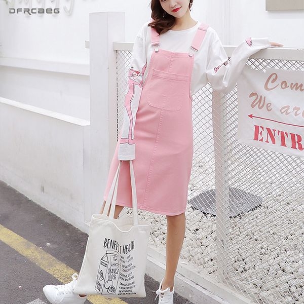 

mid-long summer suspender skirt jeans women 2019 summer casual streetwear strap denim skirts overalls with pockets pink white, Black