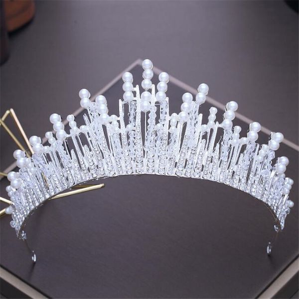 

diezi vintage multilayer silver color crystal pearl tiara crown wedding hair accessories bridal party jewelry big headbands, White;golden