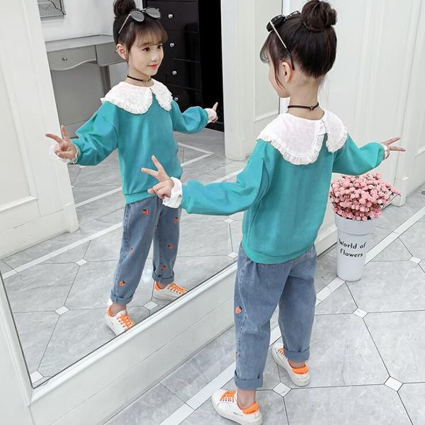 

girl new products sets girls' lapel casual shirt + embroidered jeans kids 2 pcs sets 2020 spring children, White