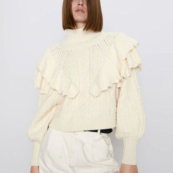 

new vintage stylish short style ruffles knitted sweater women 2019 fashion high neck lantern sleeve female pullovers chic, White;black