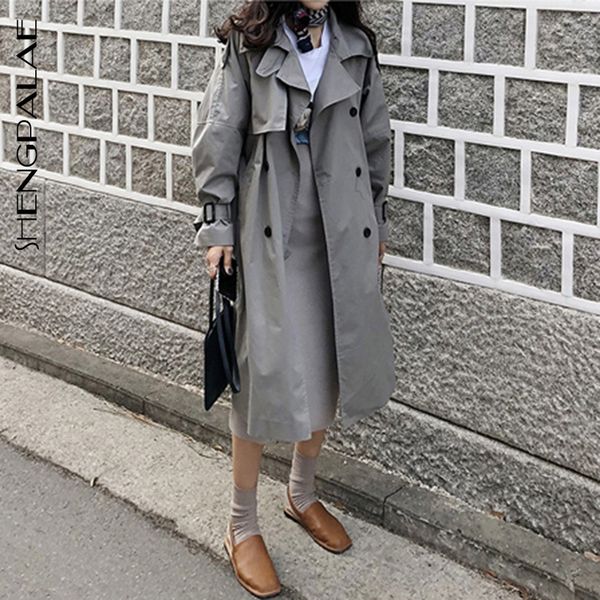 

shengpalae new spring autumn korea style turn-down collar double breasted button pockets women loose temperament coat fr813, Tan;black