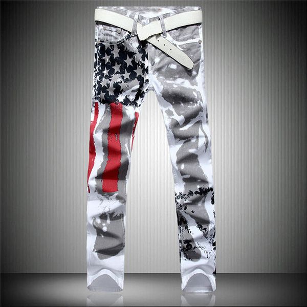 

autumn men's designer jeans ripped print brand trousers for men fashion straight denim pants mid zipper fly striped stars pattern, Blue