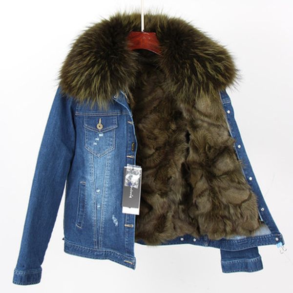 

luxury army green raccoon fur trim women fox fur mini parkas cold resistant dark green fox fur lining dark blue demin jackets, Black