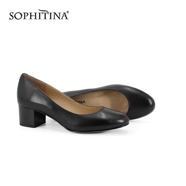 

sophitina genuine leather shallow pumps med square heel round toe slip on women shoes stylish summer office pumps sc240, Black