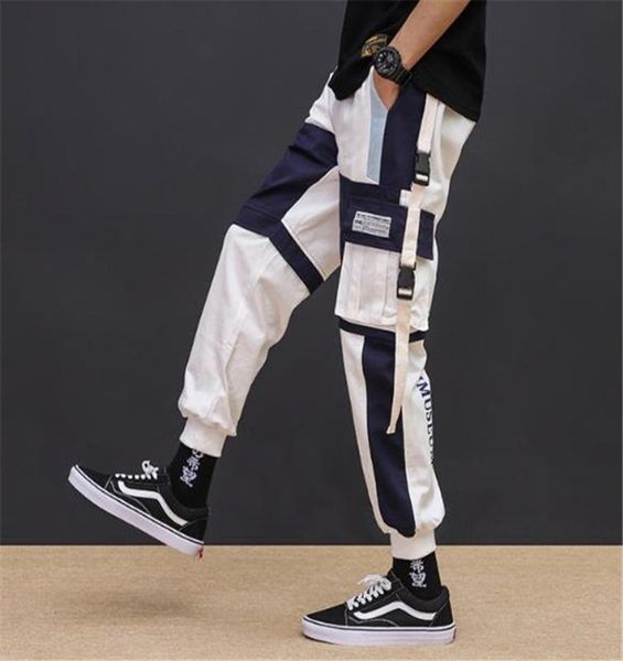 

новый хип-хоп мужчины брюки лоскутная уличная карманные боковые полосатые joggers sweatpants наручниках голеностопного длина брюки мужской, Black