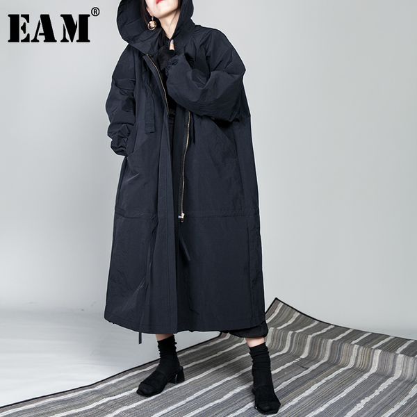 

eam] 2019 new spring drawstring full sleeve hooded collar loose zipper thin big size long coat women jacket fashion tide ob113, Black;brown