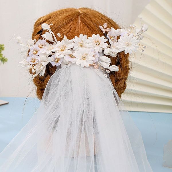 Ювелирные изделия женщин Свадебные Headdress Изысканный Свадебные прически Супер фея Элегантный белый цветок искусственный жемчуг расчески для волос с вуалью