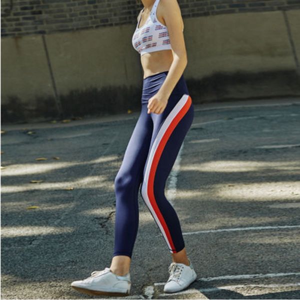 

2018 new fashion women`s casual high elastic waist fitness leggings pants workout striped pants, Black;white