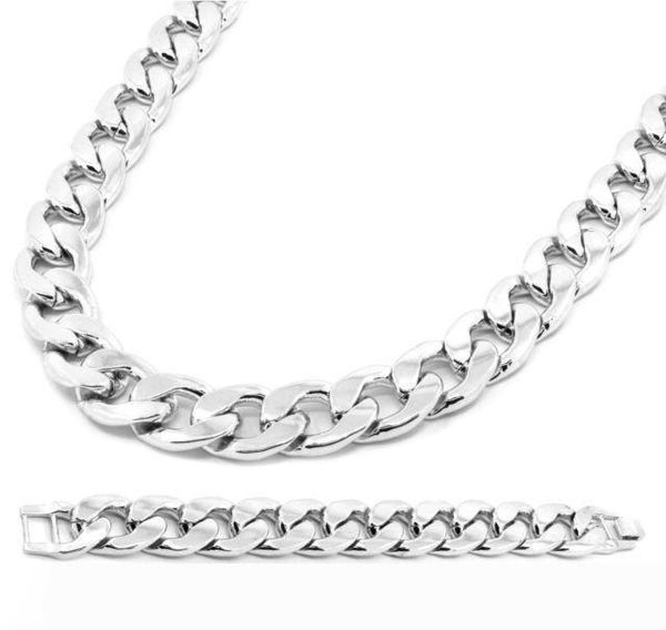 

mens gold silver plated cuban hip hop miami necklace chain bracelet jewelry set 15mm 30 inch