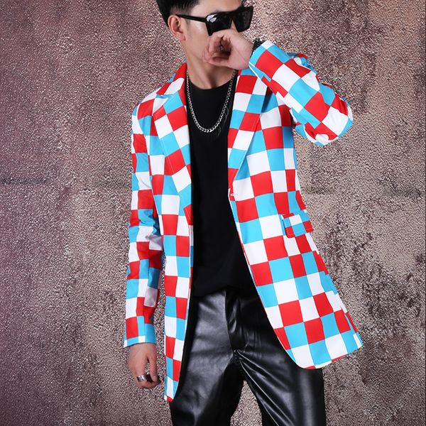 

2019 the new color plaid suit is a mid-long suit with a blazer blazer m-6xllarge size custom stage costumes, White;black