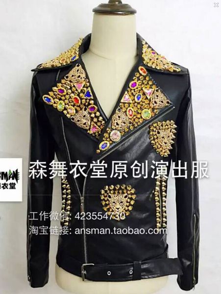 

men's leather & faux s-5xl 2021 men slim dj male singer rivet motorcycle jacket plus size coat costumes clothing, Black