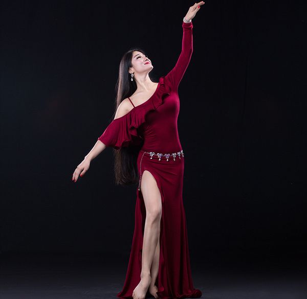 

women one piece modal belly dance costume shoulder out high slit long dress maroon black ginger m l ing, Black;red