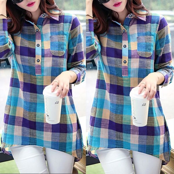 

new fashion 2019 women blouse shirt long sleeve women casual matching color long sleeve button loose plaid shirt blouse top, White