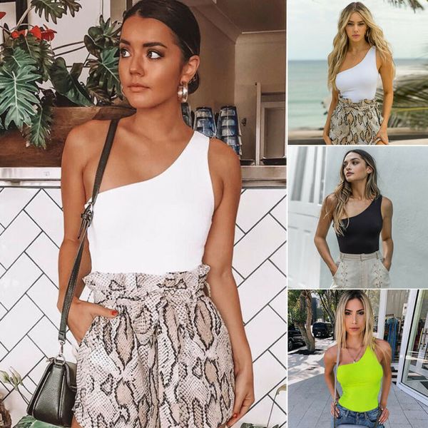

women's blouses & shirts ladies one shoulder jumpsuit sleeveless party leotard bodysuit solid summer tee, White
