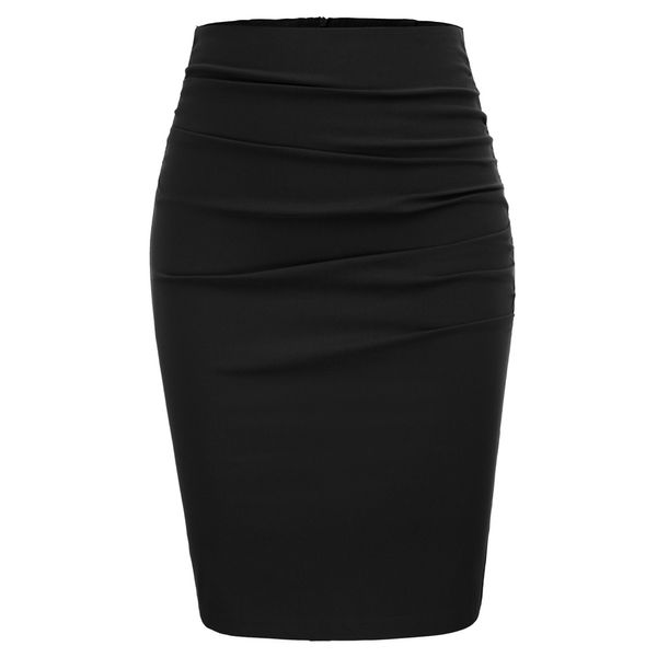 

women's pencil skirt fashion solid color ruched front hips-wrapped bodycon ladies office slim fit skirt, Black