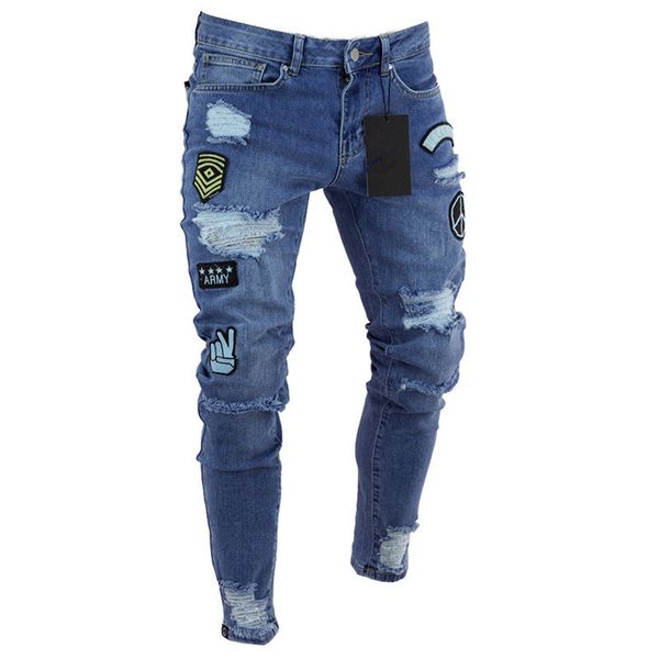 

men's jeans vintage blue skinny destroyed ripped hole jeans 2019 casual hip hop zipper streetwear pencil plus size