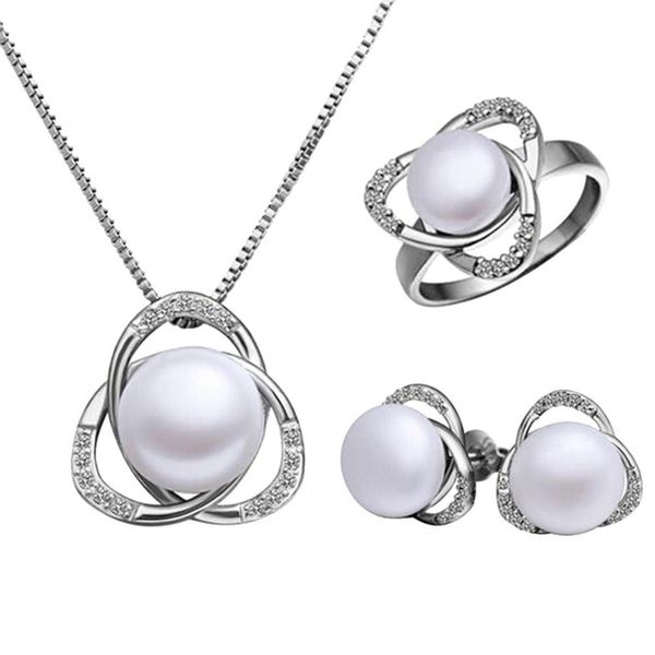 

fashion women gold silver color jewelry set wedding floral faux pearl inlaid pendant necklace earrings ring bridal jewelry set