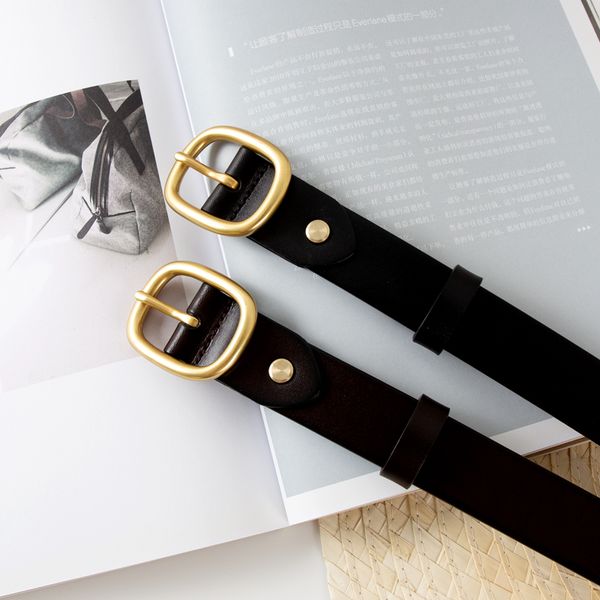 

missnanda genuine leather ladies belt copper buckle belt head layer pure cowhide round buckle korean version simple casual style, Black;brown