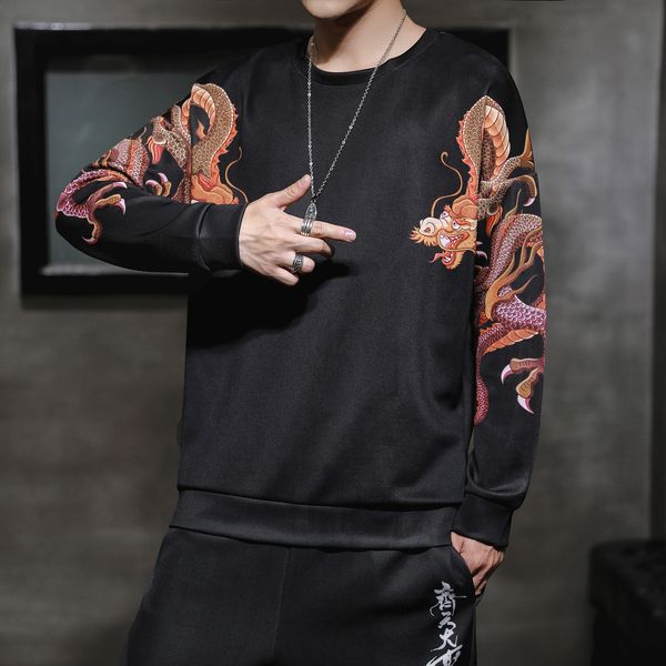 

mens hoodie chinese style retro personality dragon printing fashion hoodies casual sports men clothes sale, Black