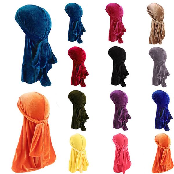 

men women velvet bandana hat headwear turban long tail pirate caps headwrap solid color hats chemo cap hair accessories