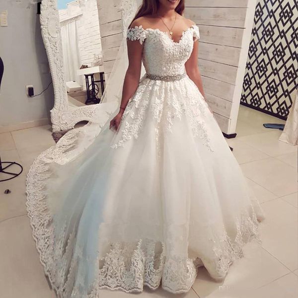 

elegant plus size lace wedding dresses beaded off the shoulder bridal gowns with crystals sash a line tulle vestido de novia, White