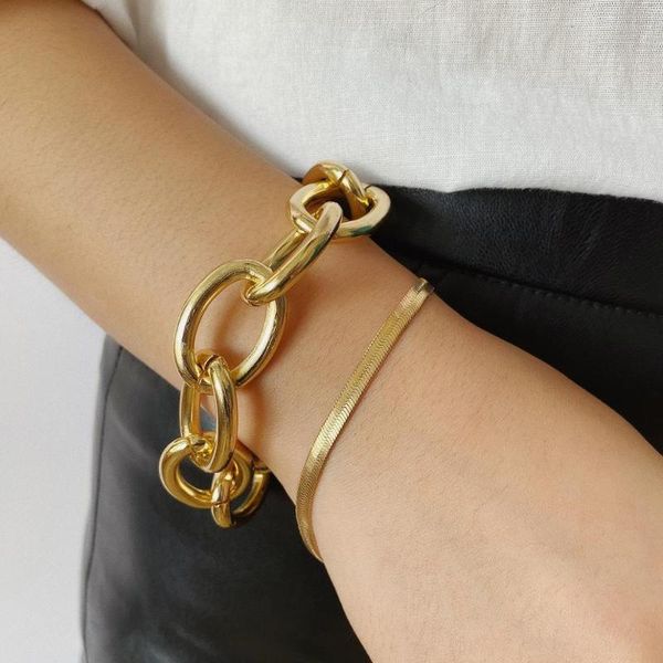 

charm bracelets of-lilu 2pcs/set punk hip hop curb miami cuban bangles for women thick chunky heavy metal jewelry, Golden;silver