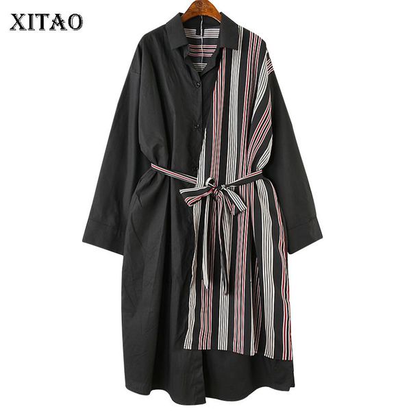 

[XITAO] Korea Fashion Female Casual Dress Spring Summer New Full Sleeve Turn-down Collar Striped Patchwork Bandage Dress LYH3233