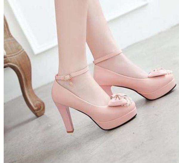 

women's shoes in spring and autumn high coarse heel round head bowknot waterproof table@303, Black