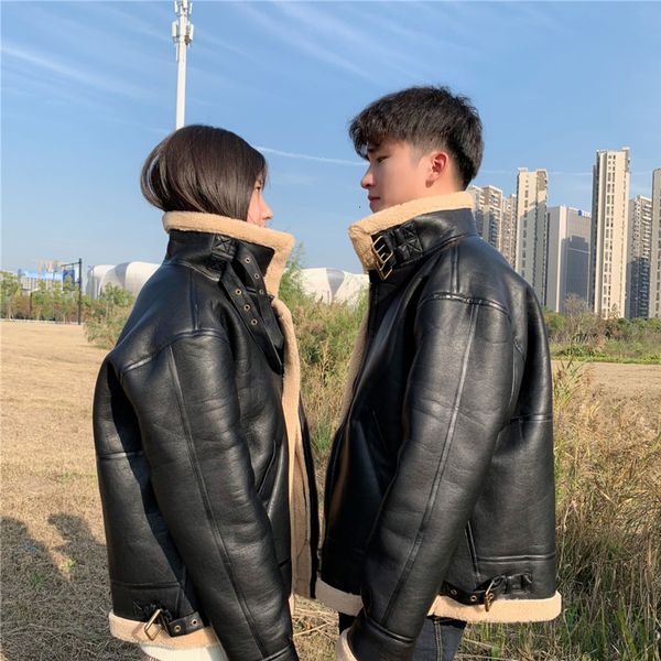 

winter jacket men's warm thicken fashion solid color casual leather jacket man streetwear wild loose cotton coat male clothes, Black