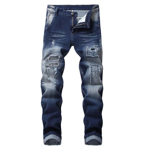 

special men jeans hole patch pants young men leisure locomotive jeans male, Blue