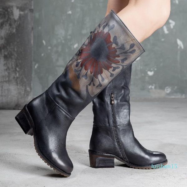 

стиль корова полное зерно натуральная кожа женщины колено высокие цветы сапоги круглый носок полые туфли для верховой езды для женщин зима 2, Black