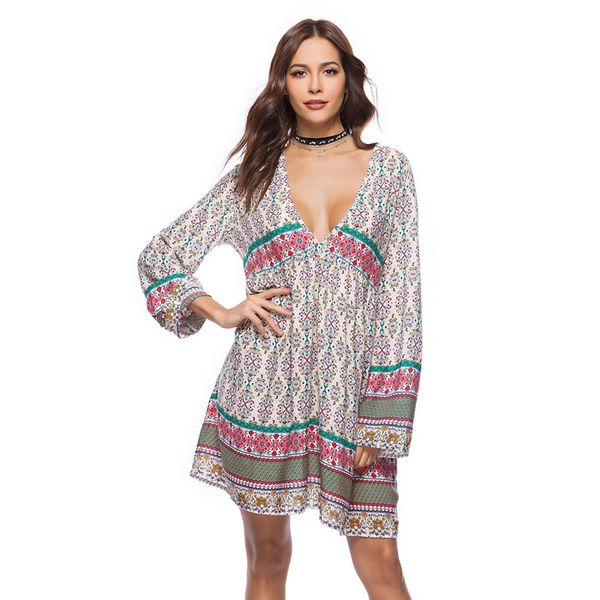 

women deep v-neck boho beach loose sundress long sleeve high waist summer casual beach holiday dress, Black;gray