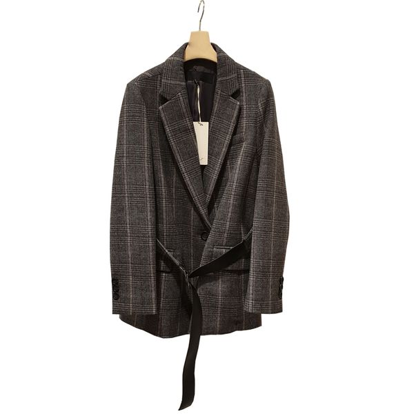 

spring korean fashion lapel long sleeve retro lace-up plaid suit a button coat for women single button notched blazer, White;black