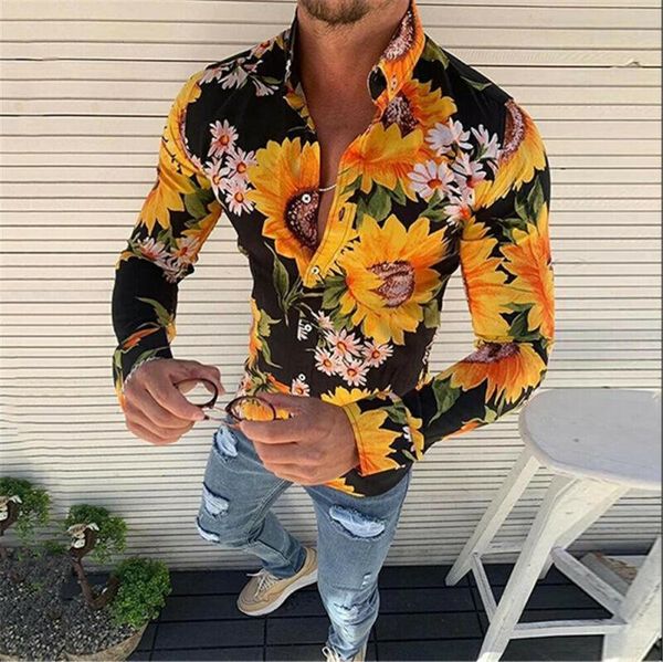 

mens long sleeve autumn casual button-down shirts fashion holiday floral print business slim muscle asian size, White;black