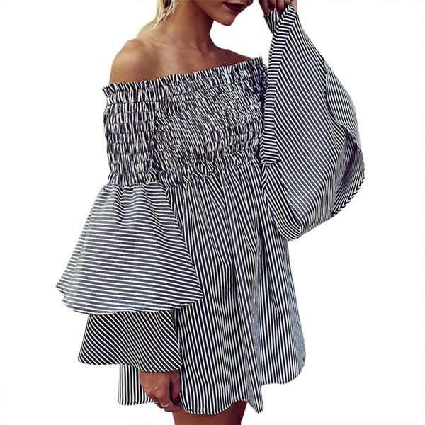 

ladies pleated flare sleeve shirt female slash neck backless ruffles decoration striped blouses, White