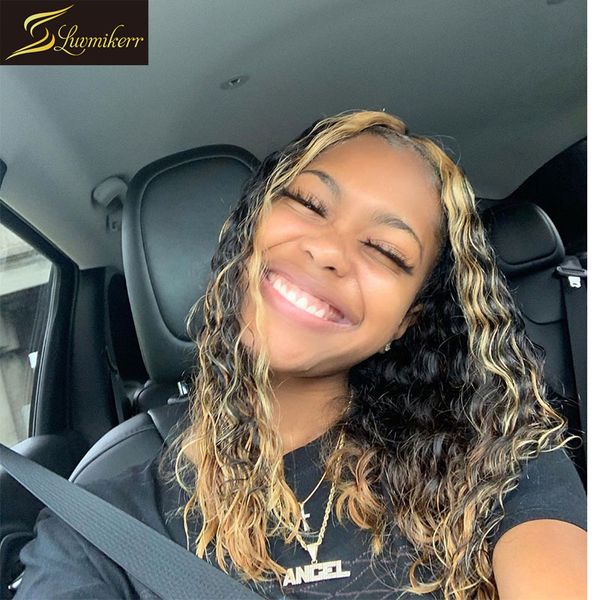 

ombre short deep curly brazilian 13Ã6 hd transparent lace front human hair wigs for black women colored frontal wig pre plucked, Black;brown