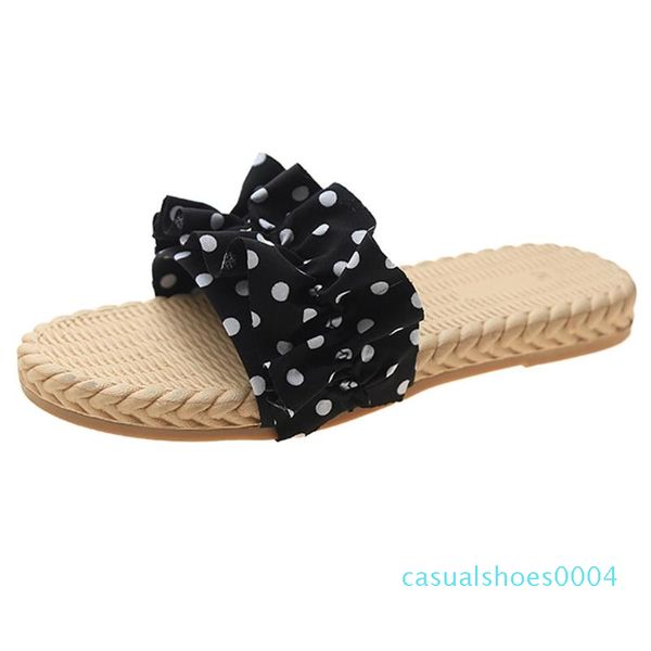 

summer polka dot woven flat slippers bohemian round head non-slip beach slipper women's summer footwear zapatos de mujer drop c04, Black