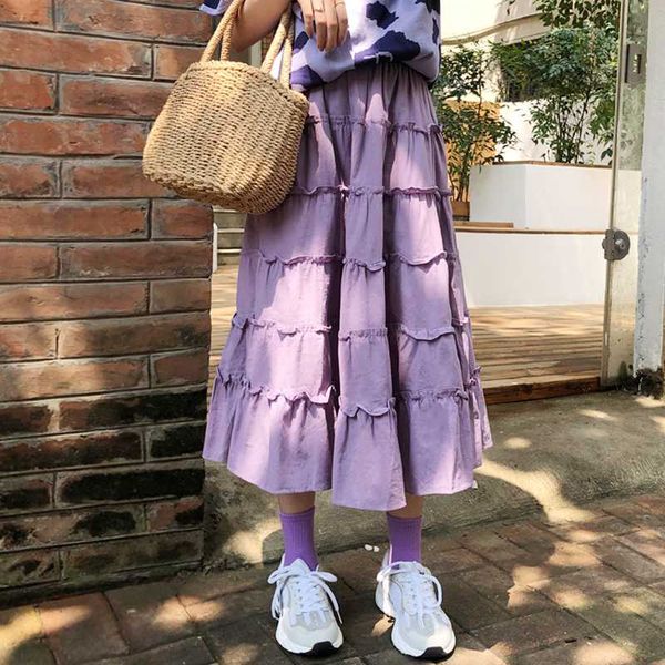 

2020 summer cake skirt a-line pleated long skirts summer women korean skirt streetwear drawstring elastic waist midi, Black